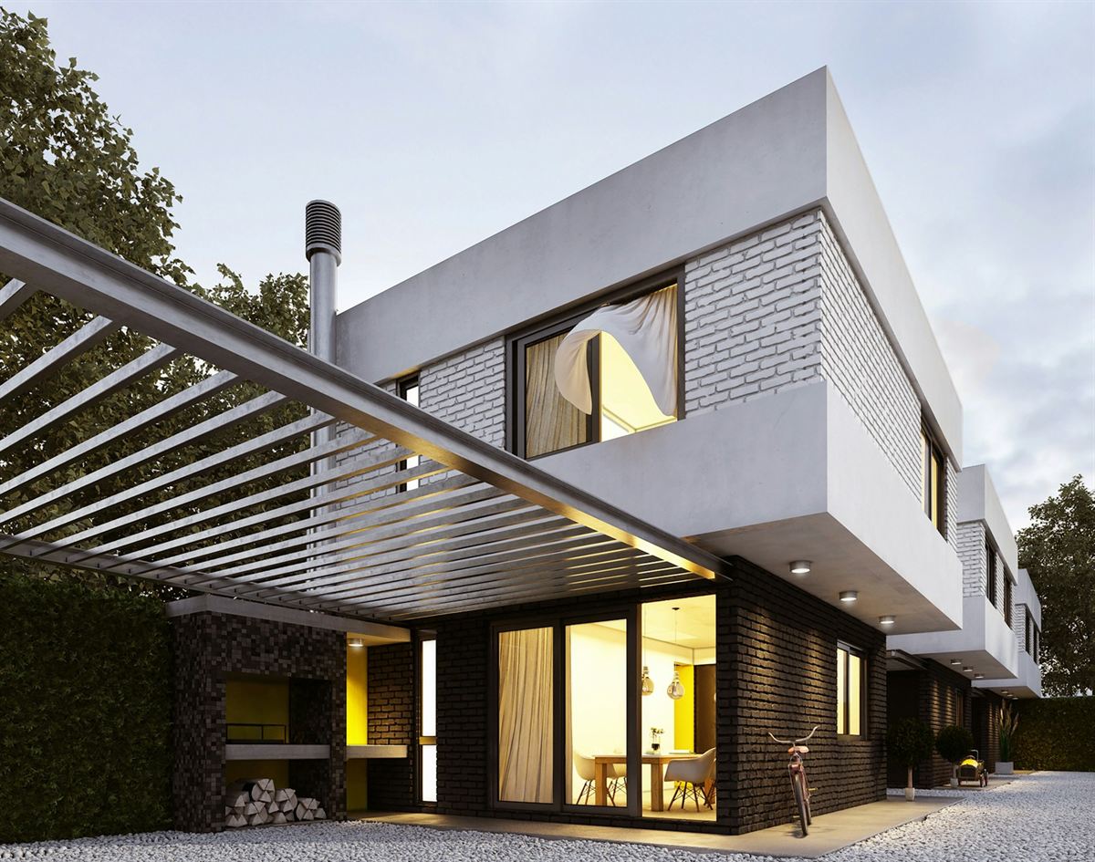 Modernes Einfamilienhaus mit heller Fassade, großen Fenstern und Pergola